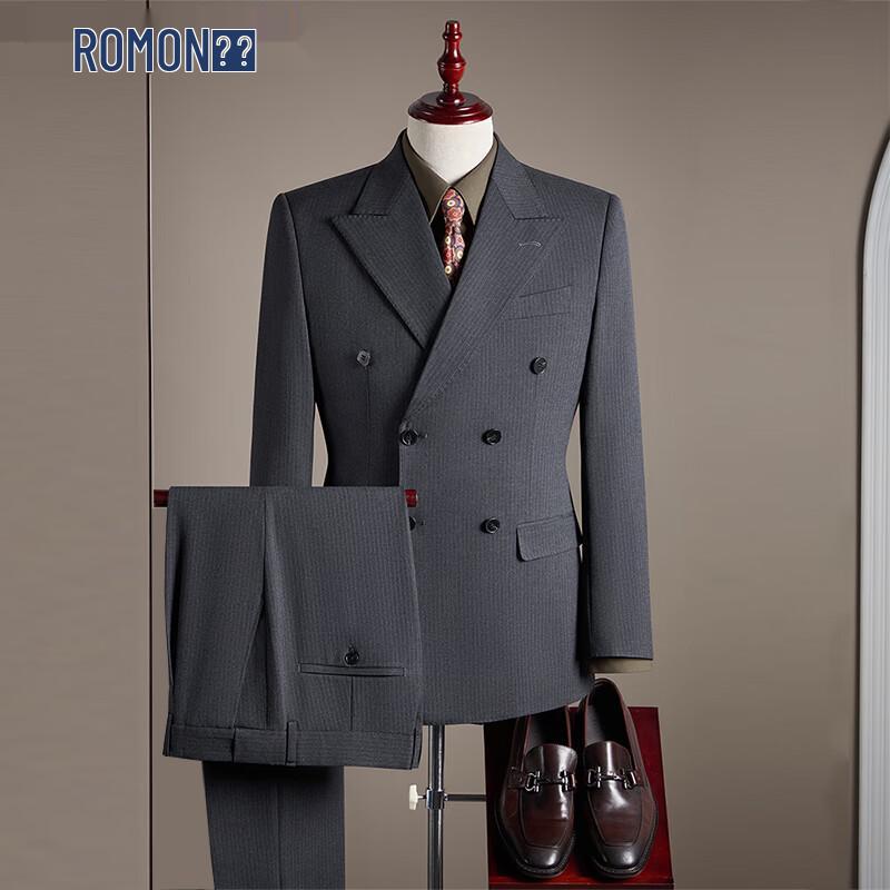ROMON Men's Italian Craft Double-breasted Stripe 3-Piece Suit