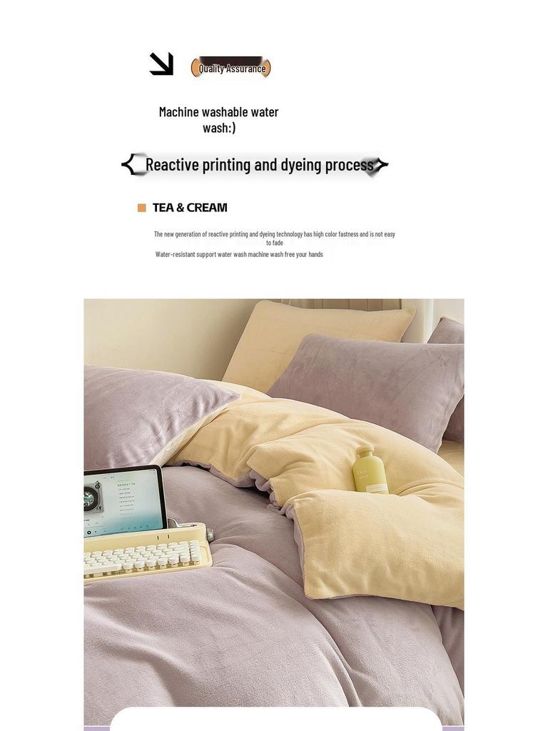 Winter Milk Coral Fleece Flannel Bedding Set: Double-Sided Plush Quilt Cover & Thickened Bed Sheet Set.