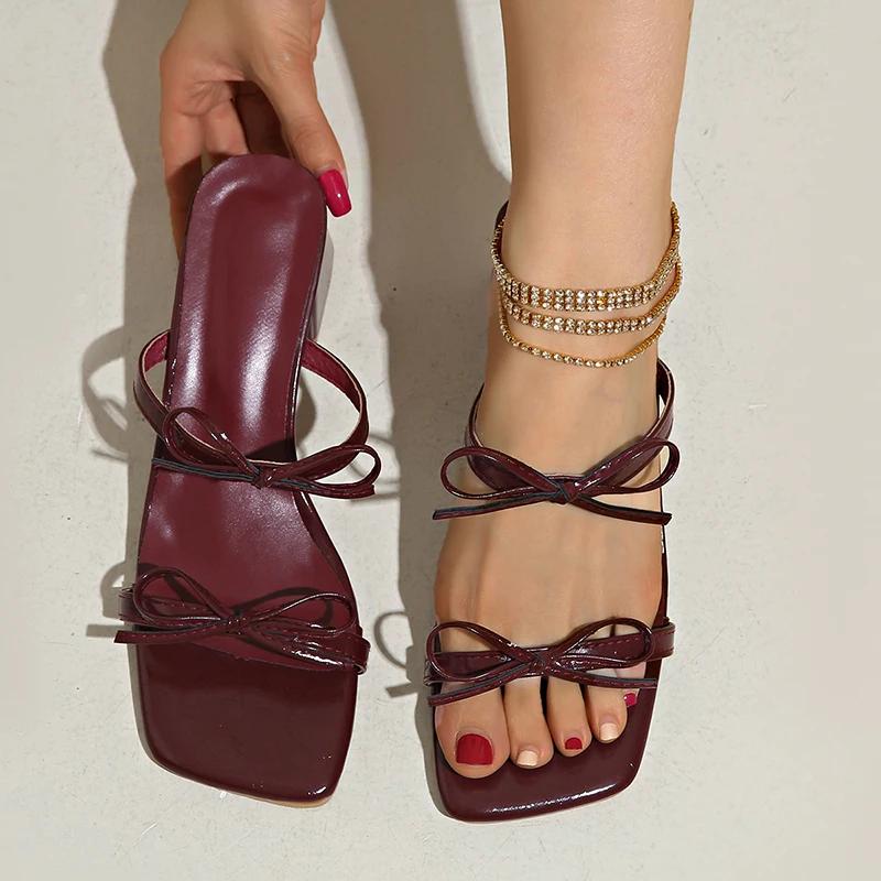 Fashion Fashion Wine Red Pu Leather High Heel Sandals Bowtie Decor Square Toe Party Slippers 2025 Summer Comfort Square Heels Sandals