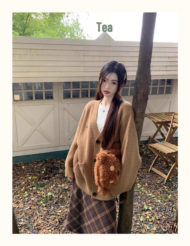 Women's Retro Plaid Three-Piece Set: Sweater Coat, T-Shirt, and A-Line Midi Skirt