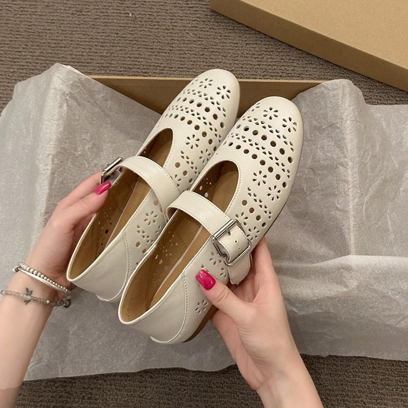 Sheepskin version~ French flat-soled ballet shoes women's new super soft bag head sandals hollow breathable Mary Jane shoes dancing shoes