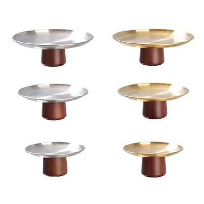 Stainless Steel High Footed Cake Storage Tray Appetizer Platter Fruit Display Plate Household Wood Base Snacks Pans