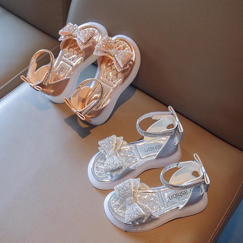 Girls Princess Sandals Summer Baby Sparkly Rhinestones Bow Shoes Fashion Non-slip Flat Children's Sandals Boots