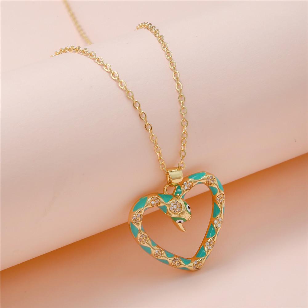 Luxury Copper Snake-Heart Pendant Necklace with Zircon & Glaze