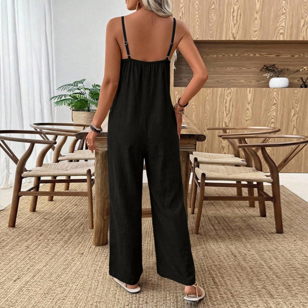 Ladies' Color Casual Fashion Wide Leg Pocket Jumpsuit