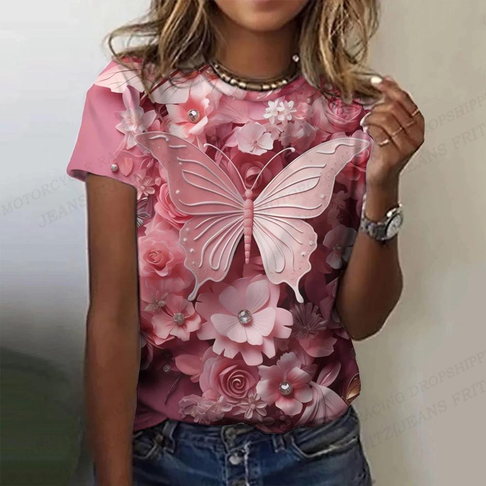 Summer Round Neck 3D Butterfly Flower Pattern Printed Top Fashionable Casual Short Sleeved Women's T-shirts