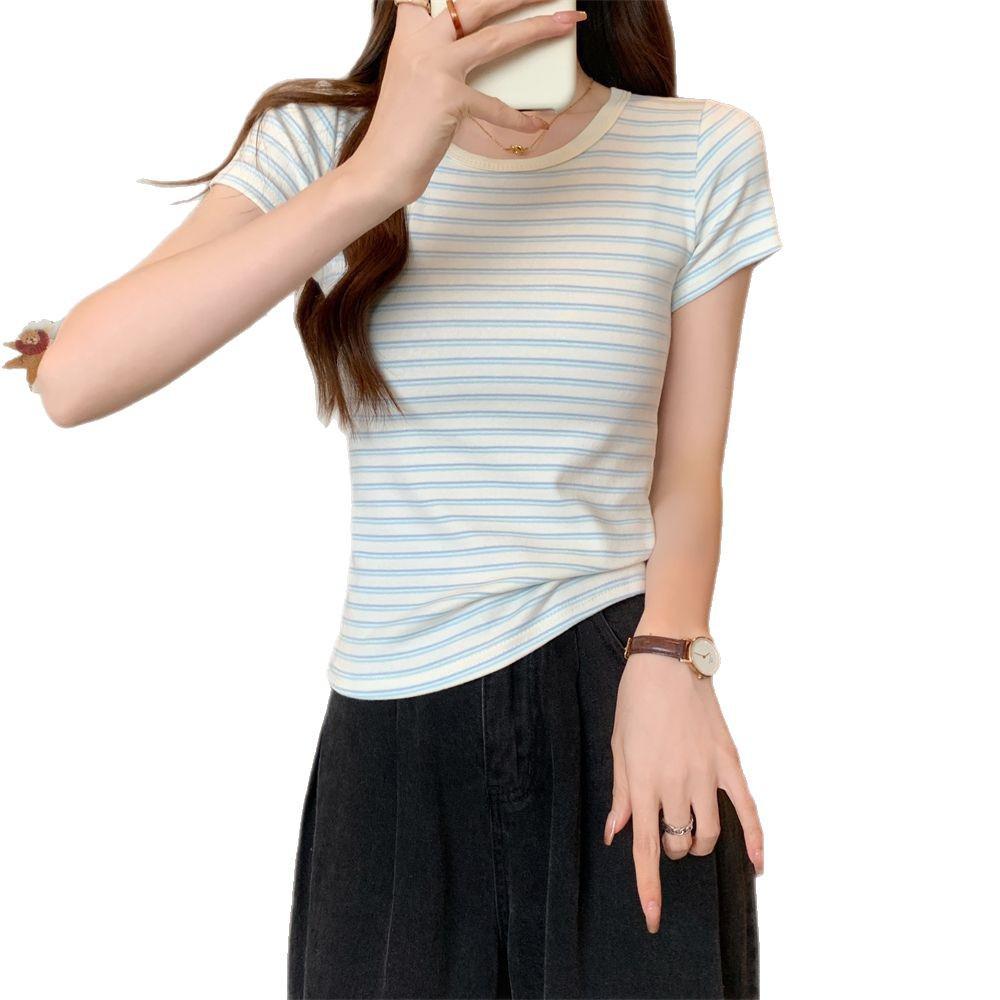 Korean Style Slim Fit Striped Short Sleeve T-shirt for Women