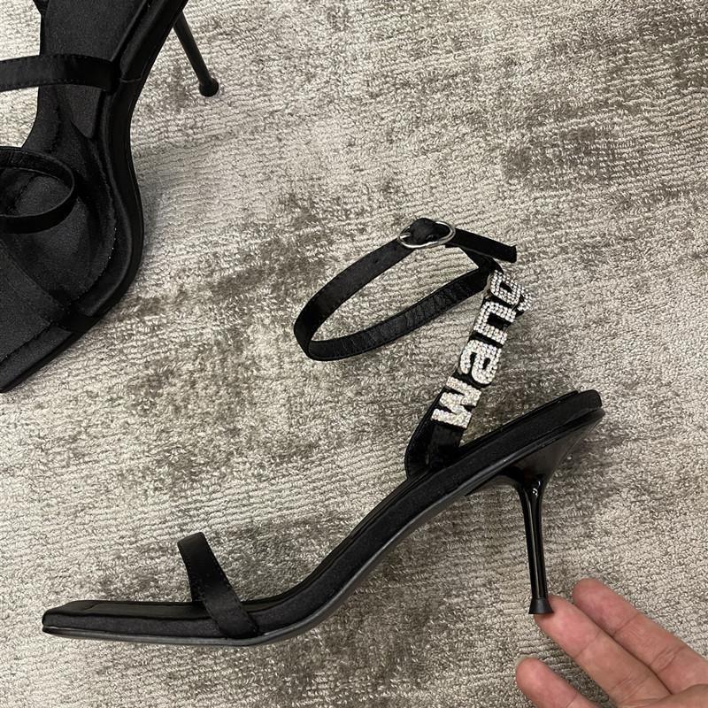 King sandals women's summer 2025 new one-word strap high heels women's thin heel square head rhinestone super sexy women's shoes