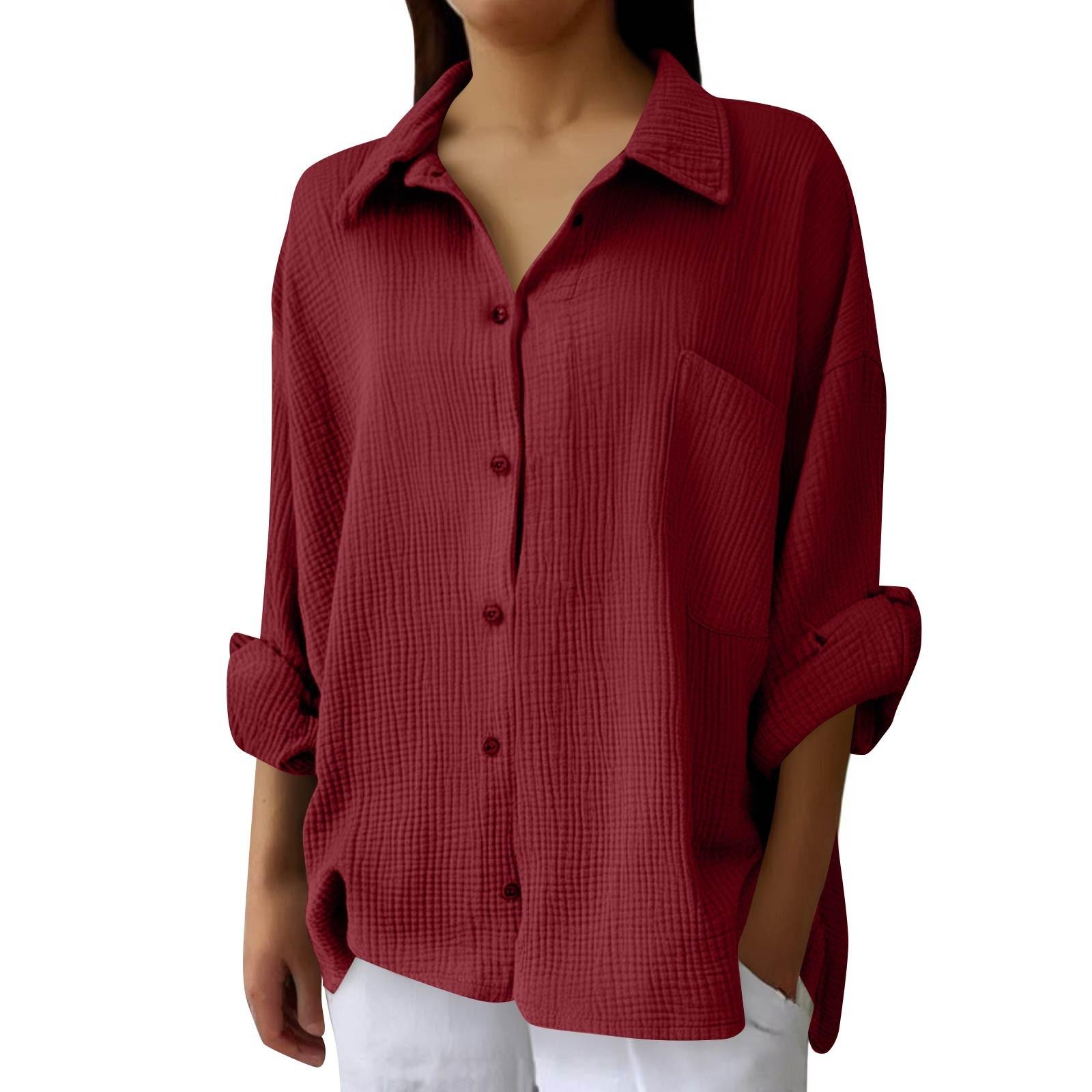 

Women s Fashion Casual Color Split Button Long Sleeve Shirt Top M винний