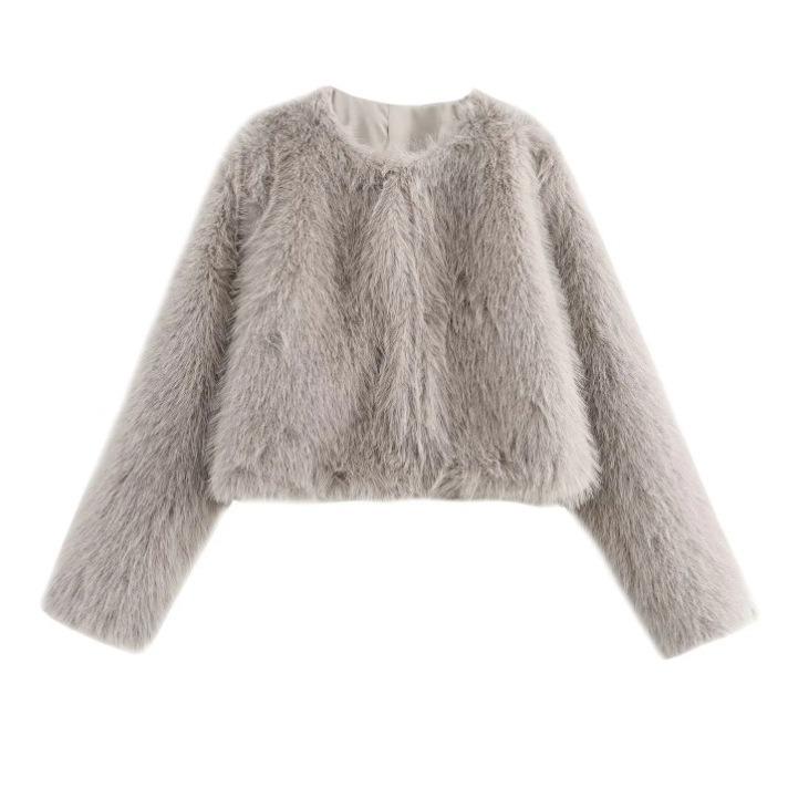 Faux Fur Jacket Fashion Women's Faux Fur Effect Round Neck Long Sleeve Short Jacket