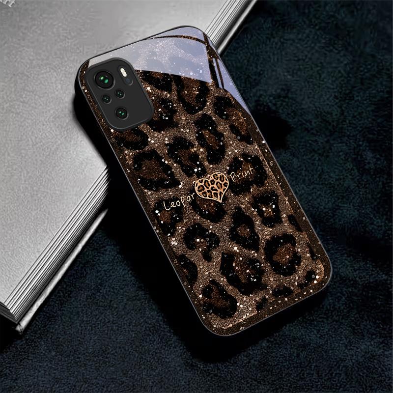 Leopard Print Love Black Glass Phone Case For Redmi Note 10 11 Pro+ 12 13 14 4G (Global) 14 Pro 5G India K60Ultra 13C 14C Cover
