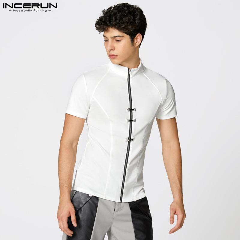 INCERUN Summer Men High Neck Short Sleeve Zip-Up Fitted Tops T-shirts Undershirts