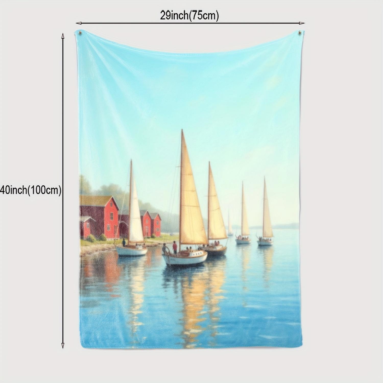 

1pc Sailboat Print Flannel Throw Blanket - Soft & Cozy, All-Season, Tear-Resistant, Contemporary Nautical Design in Blue - Perfe 130x150cm