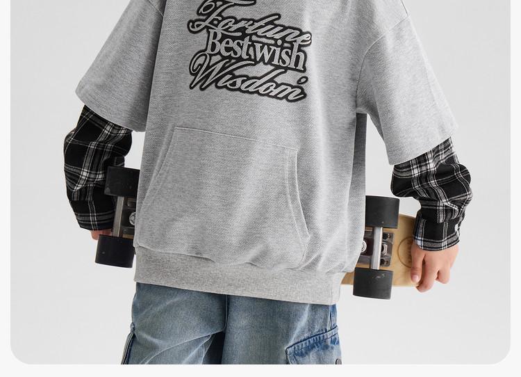 Left West Children's Wear Boys' Fake Two-piece Hooded Hoodie Spring Wear 2026 New Handsome Boys' Spring and Autumn Top