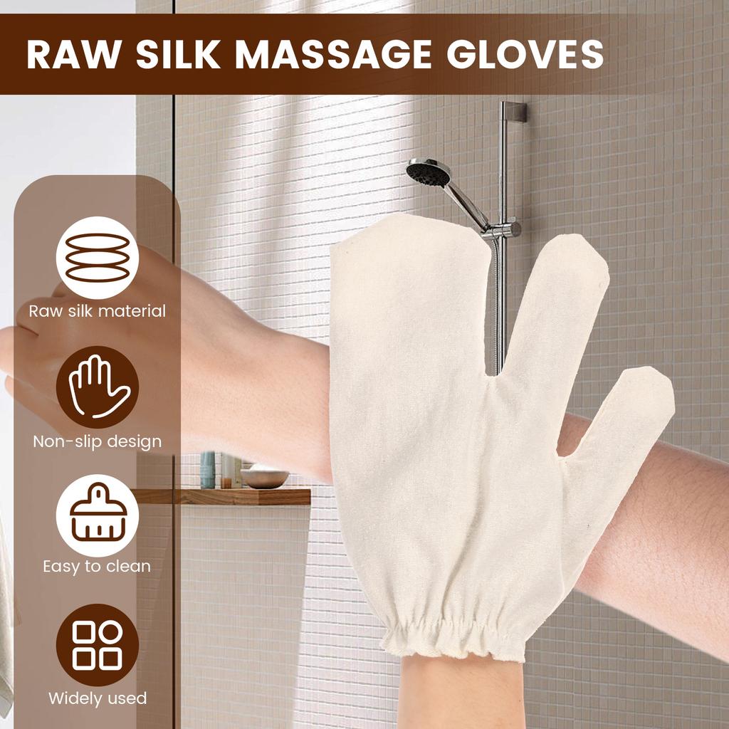1 Paar Peeling-Duschhandschuhe Weicher Rohseiden-Körpermassagehandschuh mit elastischem Handgelenkband Bade-Rubbelhandschuh zur Reinigung von Armen und Beinen