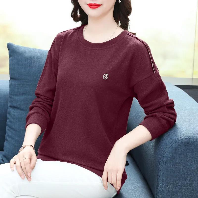 Dámské bavlněné tričko s dlouhým rukávem, volné topy, strečové, nadměrné velikosti, kulatý výstřih