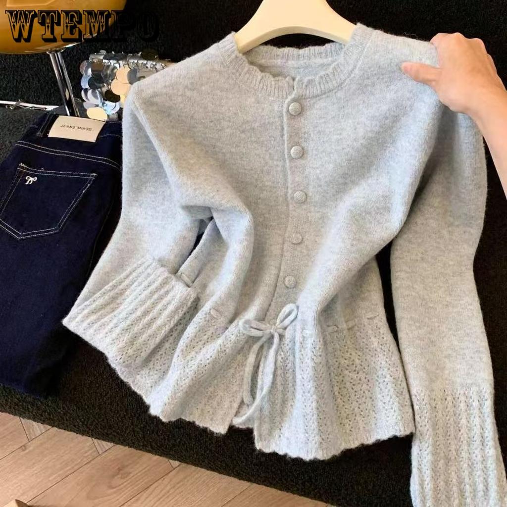 Autumn Long Sleeved Sweater for Women Collection Waist Slimming Ruffle Edge Knitted Top Gentle Style Drawstring Design