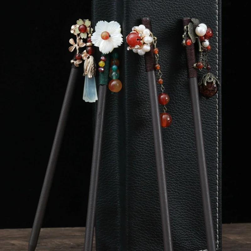 Retro Women Ebony Tassel Stepping Hair Stick Hairpin Chinese Style Handmade Hair Accessories Hanfu Headwear Flower Hair Fork