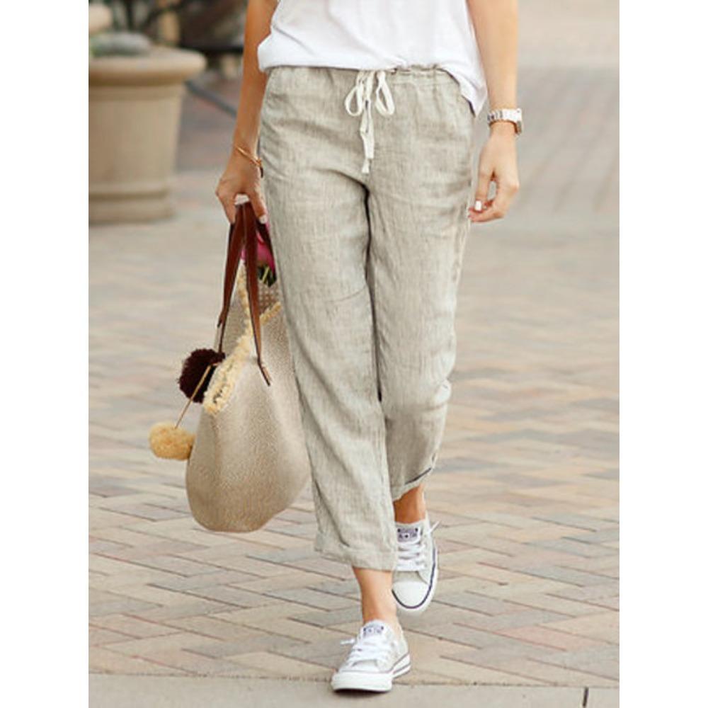 Women's Drawstring Waist Linen Pants Loose Straight Leg Trousers Casual Solid Color Elastic High Waist Joggers For Summer Daily Wear