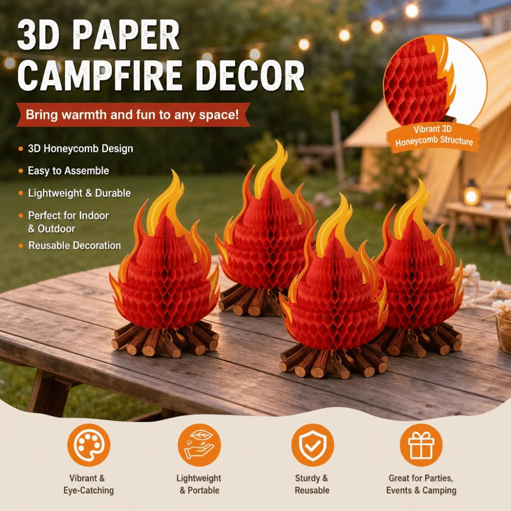 4Pcs Foldable Fake Fire Ornament 3D Honeycomb Honeycomb Campfire Decoration Camping Theme