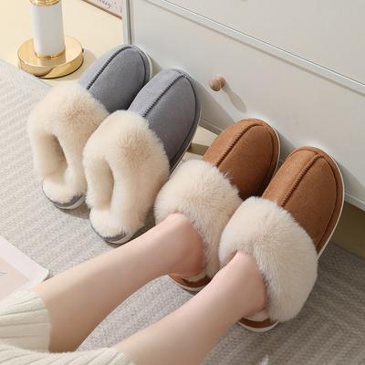 Fashion 2024 Winter Warm Home Fur Slippers Women Luxury Faux Suede Plush Couple Cotton Shoes Indoor Bedroom Flat Heels Fluffy Slippers