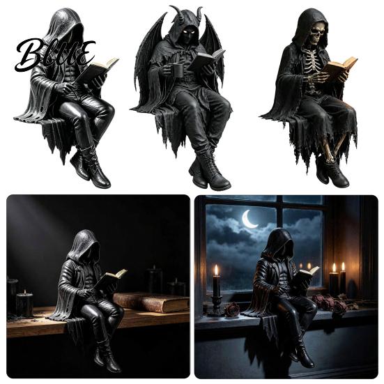 Industrial Style Decor Sitting Skeleton Bookend Ornament Matte Black Dark Hooded Figure Book