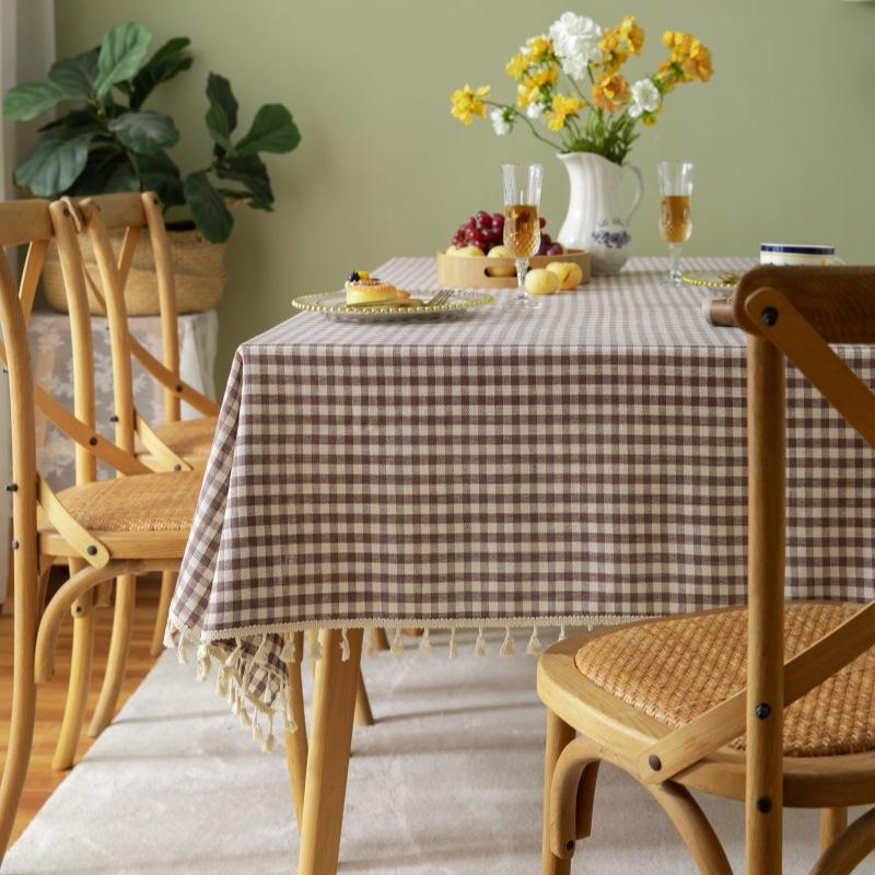 Linen Cotton Check Fringe Tablecloth Simple Rectangular Dining Table Cover