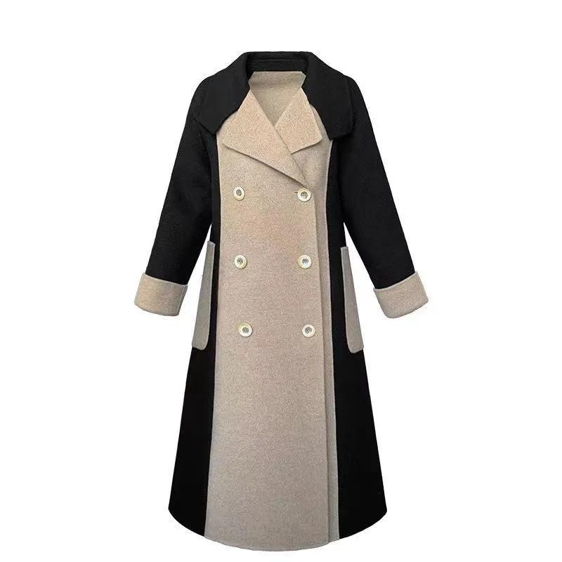 Women's Black Faux Woolen Color-Blocked Patchwork Coat - Hepburn Style, Petite, High-End Korean Design for Autumn/Winter