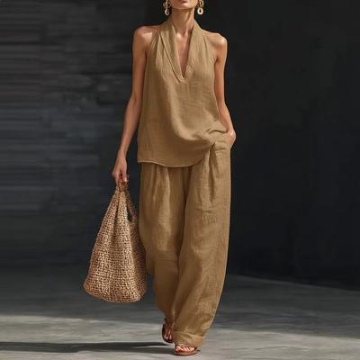 Women's Halter V Neck Sleeveless Loose Fit Solid Two Piece Outfit Tank Top Wide Leg Long Pants Casual Vacation Tracksuit