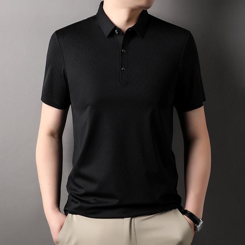 

Мужская футболка из шелка шелковицы с короткими рукавами, мужская однотонная деловая рубашка-поло без утюга, бесшовная футболка из ледяного шелка с лацканами для мужчин 4XL