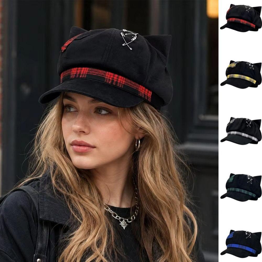 Y2K Plaid Octagonal Hat Irregular Painter Artist Cap Fashion Cat Ears Beret Hat Travel