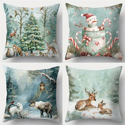 Home Decor Christmas Winter Forest & Snow Creatures Pattern Cushion Cover Suitable For Sofa Bedroom Car Pillow Cover