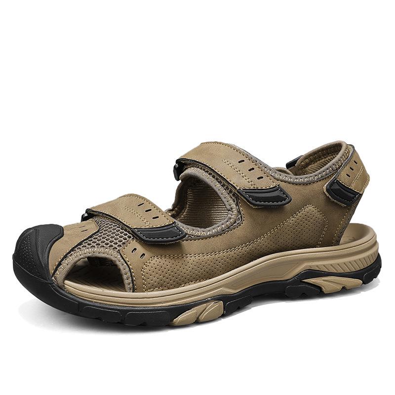 Men s Genuine Leather Closed-Toe Non-Slip Velcro Beach Sandals 46 хаки