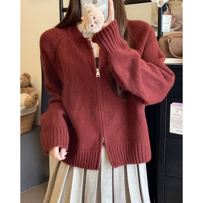 

Kumikumi Idle Style Pure Color Elegant Loose Zip Long Sleeves Sweater Cardigan Female Autumn Slimming Easiest for Match Tops Red One size