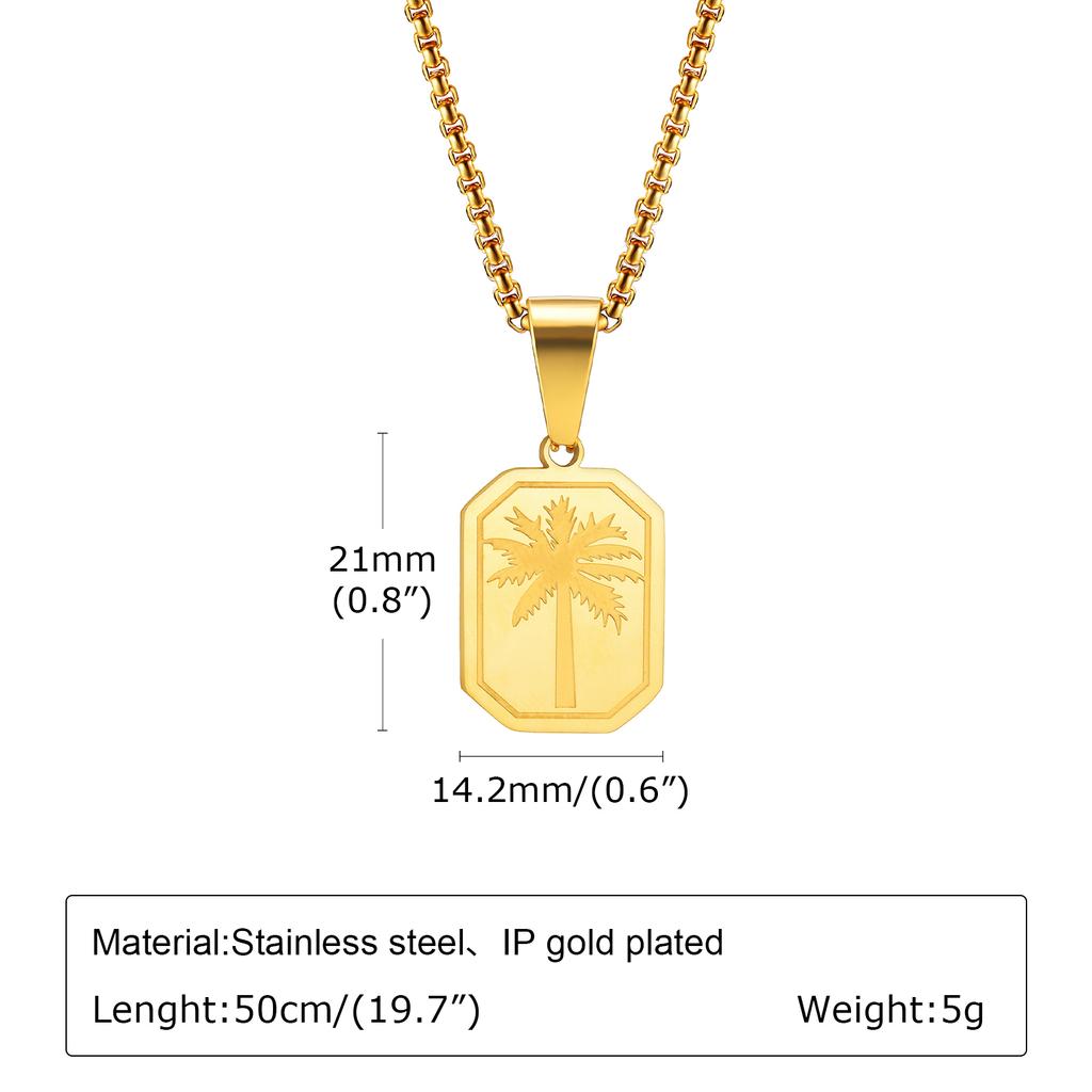 Hawaiian Tree Necklaces for Men,Stainless Steel Palm Trees Square Pendant Necklaces.Chic Stylish Jewelry Gift