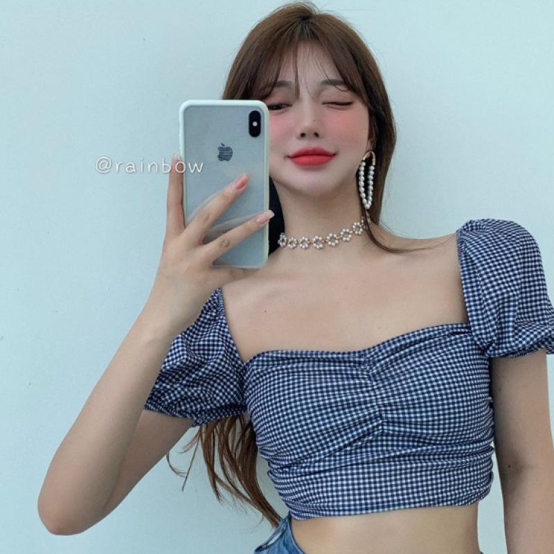 

Women s Pleated Plaid Clavicle Top - Korean Style Summer Design Shirt Small