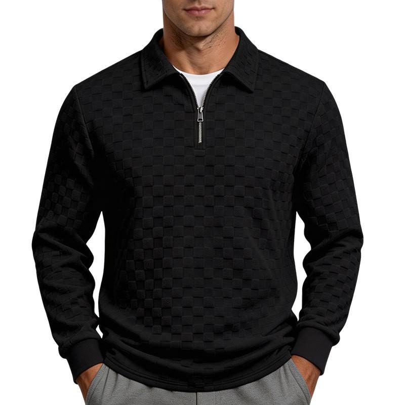 Mens Hoodie Fall Winter Zip Checkered Jacquard Polo Shirt Loose Fit Heavyweight Casual Top