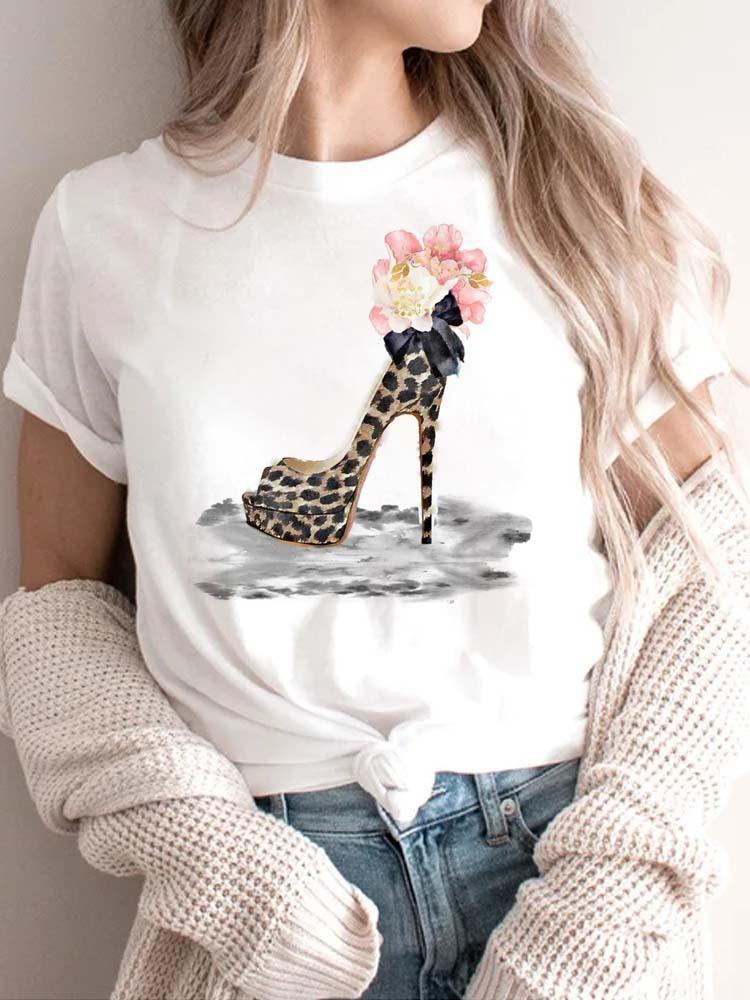 Modisches bedrucktes High-Heel-T-Shirt für Damen Modisches weißes Kurzarm-T-Shirt mit Schleifendesign Lässiges Home-Top für Mädchen