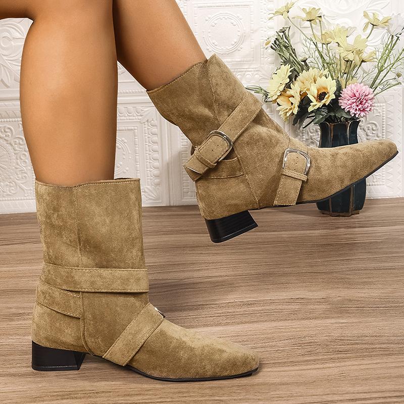 Fashion Buckle Belt Decor Thick Heels Ankle Boots Women Autumn Winter Pointed Toe Riding Boots Woman Slip On Faux Suede Booties