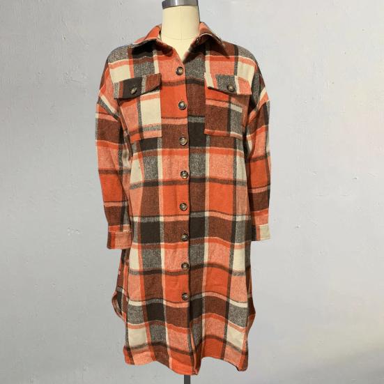 Autumn Winter Lady Coat Shirt Type Plaid Print Single-breasted Turn-down Collar with Chest Pockets Slit Hem Loose Mid Length Daily