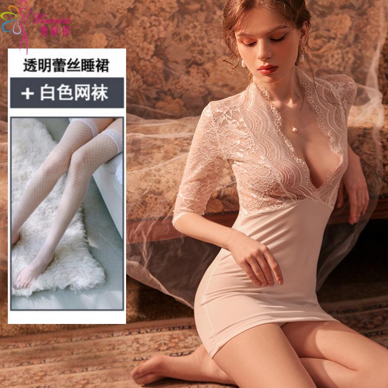 Sexy Underwear Private Room Temptation Secretary Uniform Autumn and Winter Short-sleeved Hip-wrapped Nightdress Casual Home Suit Pajamas Qqny