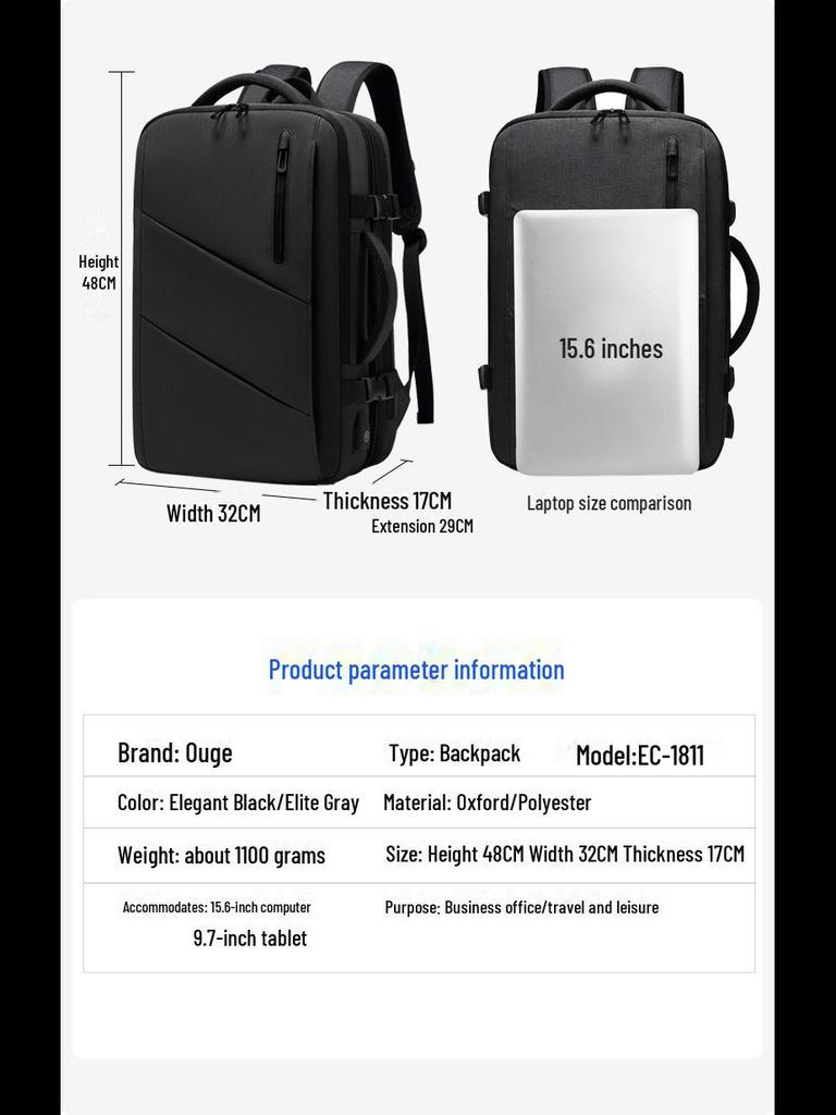 Men's Large Capacity Waterproof Business Travel Backpack, Oxford Cloth, Expandable, for Laptops and More