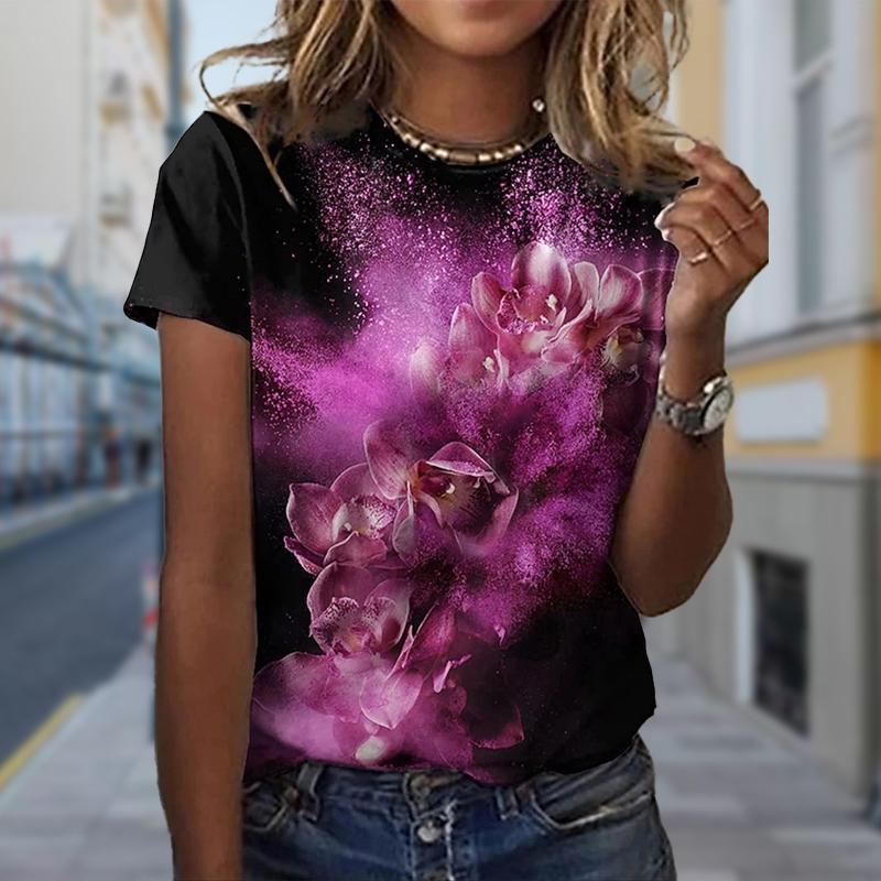 

Модная женская футболка с флуоресцентным цветочным принтом, забавная повседневная футболка с круглым вырезом и короткими рукавами, летняя женская футболка 8XL фиолетовый
