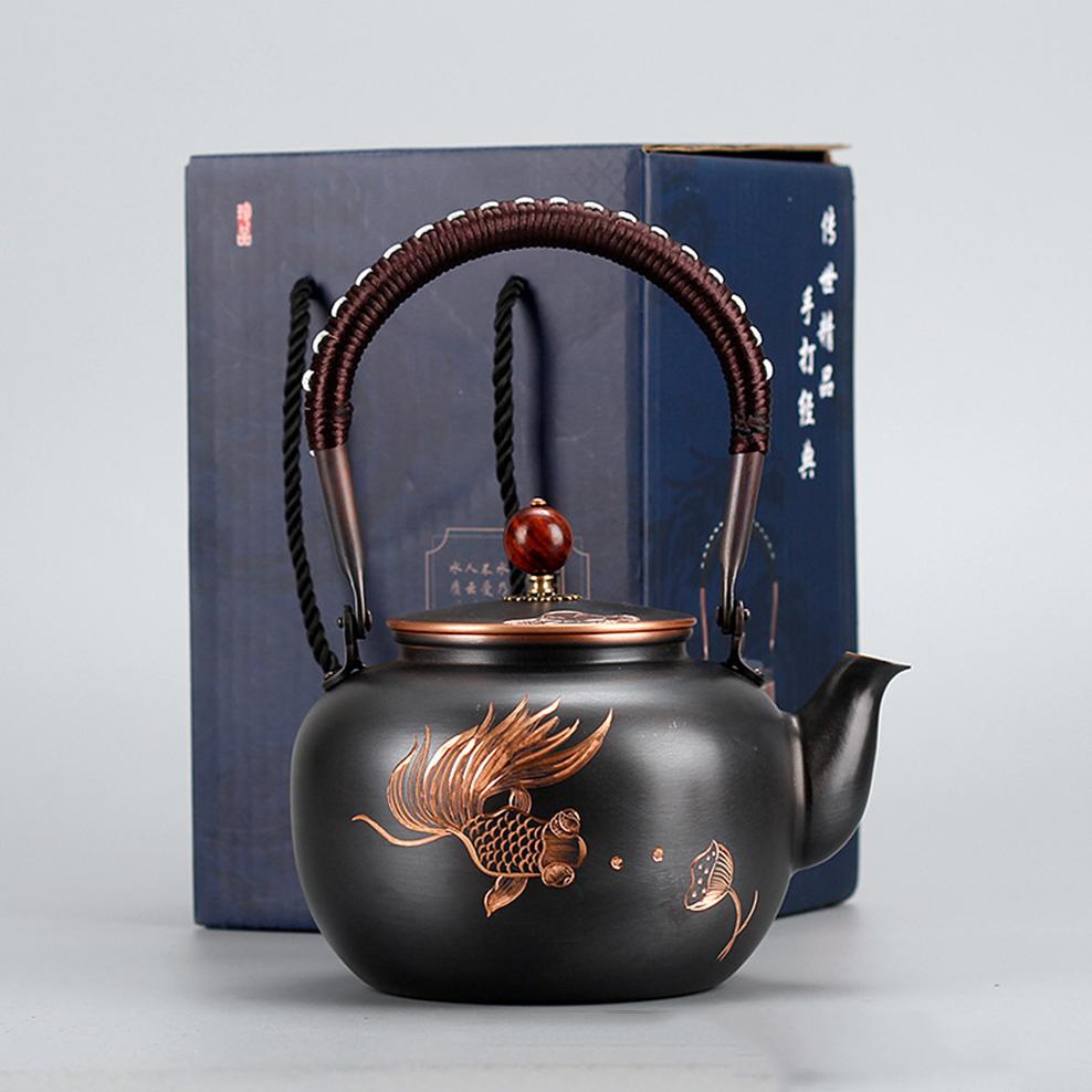 1300ML Red Copper Teapot Uncoated Roasted Black Pure Copper Boiling Water Kettle Retro Style Kung Fu Tea Set
