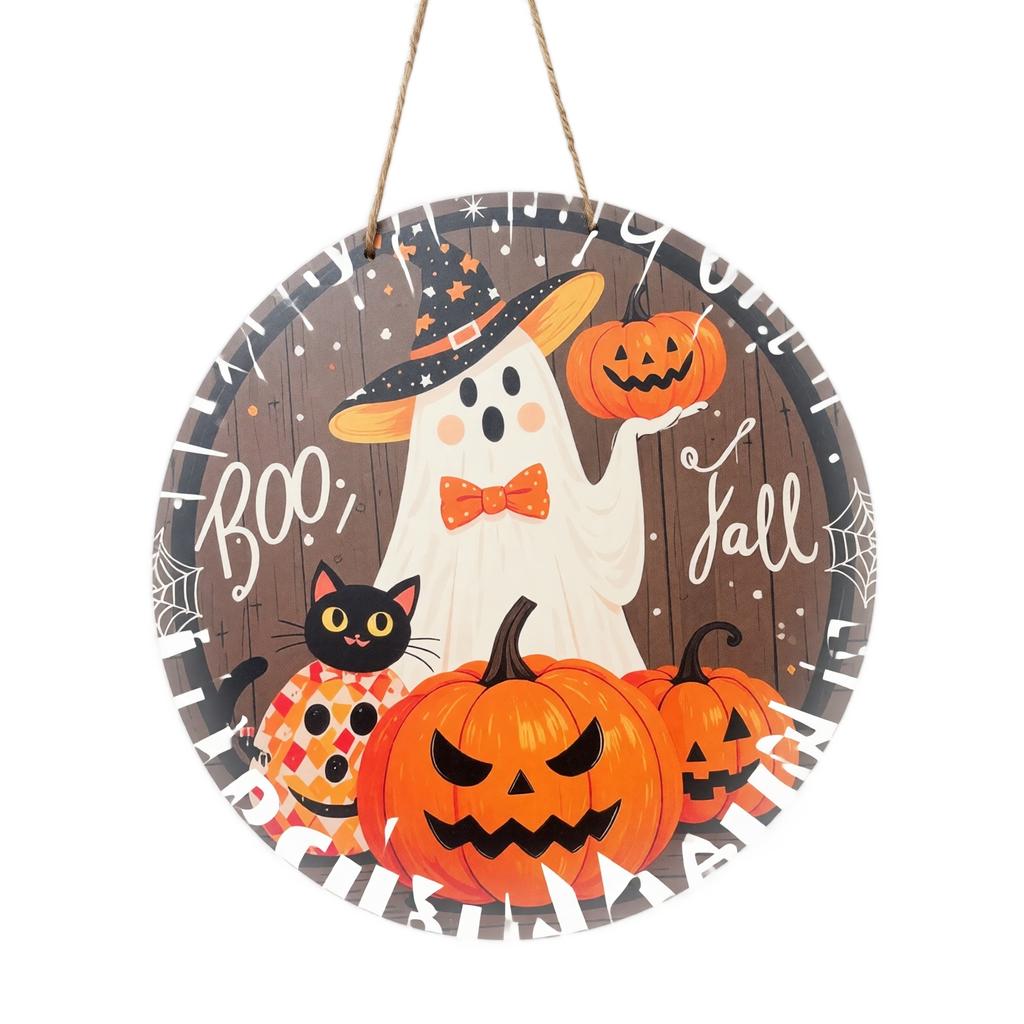 30cm Round Wooden Halloween Theme Door Sign Ghost Pumpkin Cat Party Wall Hanging Decoration for Home Indoor Outdoor Use