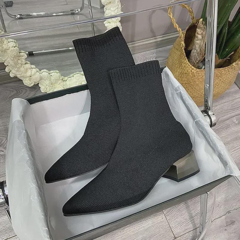 Botines de calcetín de punto negros de punta para mujer con tacón bajo y grueso - Nuevo Otoño/Invierno 2024 Ajuste ceñido elástico