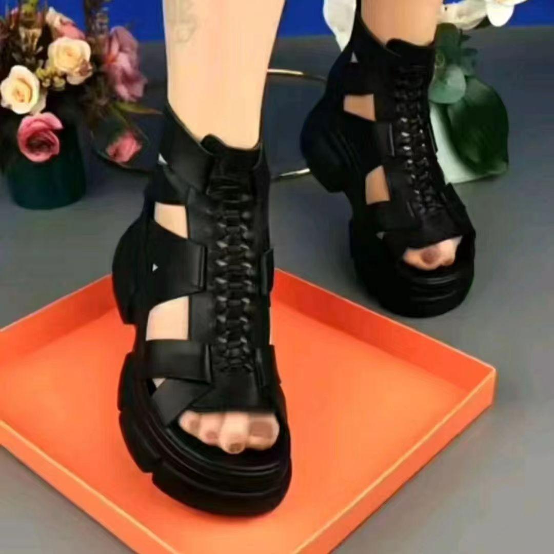 

Летняя дышащая обувь для женщин, повседневная обувь с мягкими меховыми ремешками для ночного клуба, женские сандалии на толстой подошве на толстом высоком каблуке 34 чёрный