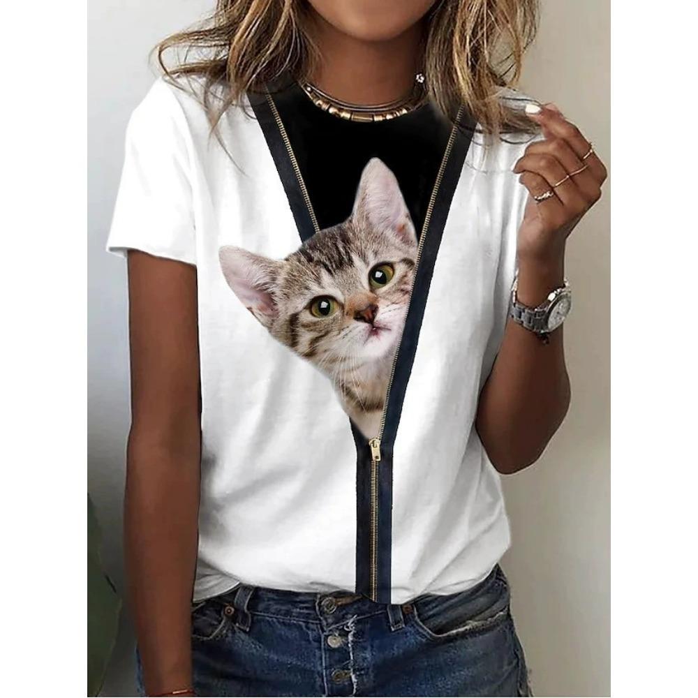 

Модная женская футболка с круглым вырезом и короткими рукавами с милым кошачьим узором, напечатанным цифровым 3D-способом 6XL