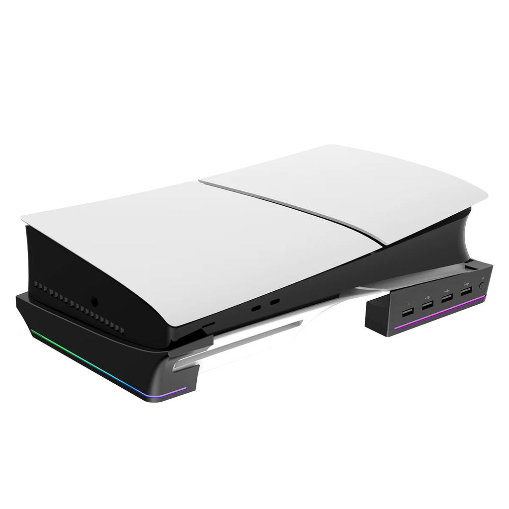 Supporto Orizzontale con Luce LED RGB per Console PS5 Slim, Supporto Accessori con 14 Modalità di Luce e Porte USB a 4 Porte