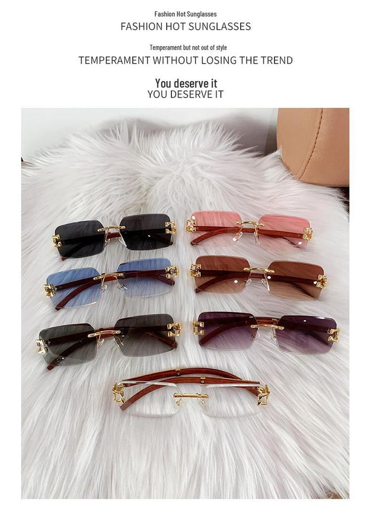 2026 Frameless Faux Wood Grain Leopard Head Men's Square Sunglasses with Leopard Temple.